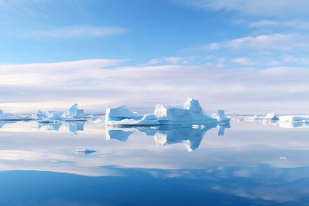 panorama of several icebergs scattered over a calm sea, created with generative aiの素材