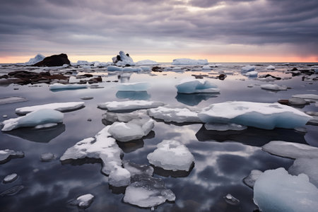 sea filled with numerous small, melting icebergs, created with generative aiの素材