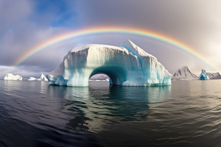 rainbow arching over an iceberg in the sea, created with generative aiの素材