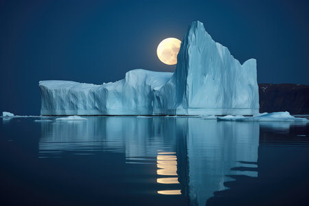 iceberg under full moon in clear night sky, created with generative aiの素材