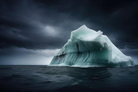the contrast of a dark, overcast sky and a bright iceberg, created with generative aiの素材