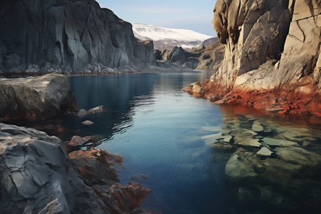 lake and igneous intrusions in landscape, created with generative aiの素材