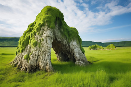 stand-alone dacite formation on green field, created with generative aiの素材