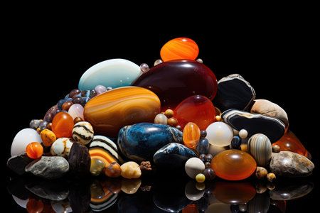 collection of colourful agates on black velvet, created with generative aiの素材