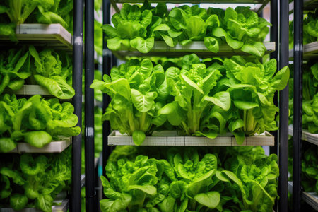 indoor vertical farming racks with leafy vegetables, created with generative aiの素材