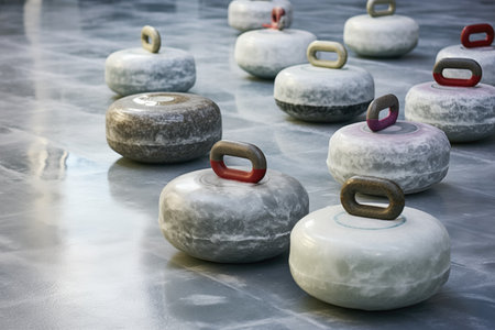 curling stones positioned on ice rink, created with generative aiの素材