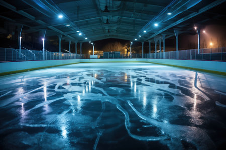 freshly resurfaced ice shimmering under lights, created with generative aiの素材