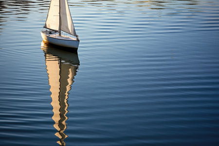 sailboat shadow reflecting on calm reservoir waters, created with generative aiの素材