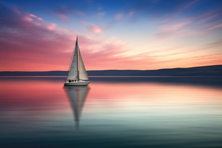 sailboat sailing on a calm lake with dusk light, created with generative aiの素材