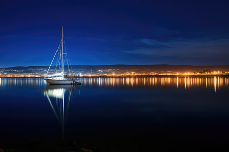 night view of a sailboat anchored near coastal city lights, created with generative aiの素材