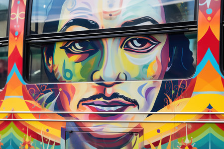 close-up shot of colorful decals on a tourist bus, created with generative aiの素材