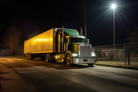 tractor-trailer parked at night under streetlights, created with generative aiの素材
