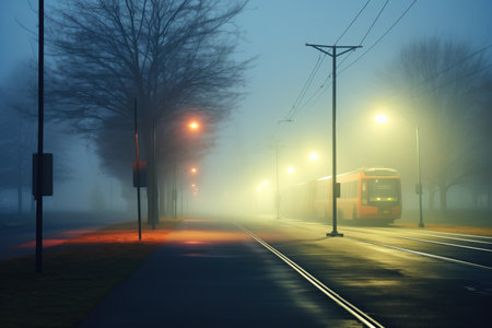 lonely light rail running in the fog, created with generative aiの素材