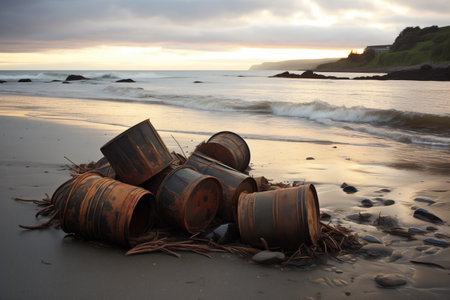 discarded oil barrels on the seashore, created with generative aiの素材