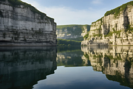 limestone cliffs reflecting in calm lake waters, created with generative aiの素材