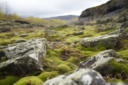 a field strewn with moss-covered phyllite rocks, created with generative aiの素材