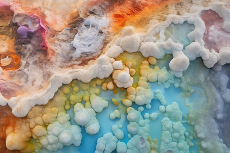 overhead view of colorful mineral salts around a hot spring, created with generative aiの素材