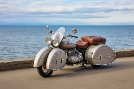motorcycle sidecar parked on a seaside promenade, created with generative aiの素材