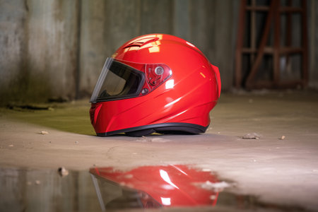 a vibrant red motorcycle helmet on a concrete floor, created with generative aiの素材