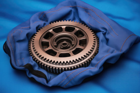 an assembled motorcycle clutch lying on a blue cloth, created with generative aiの素材