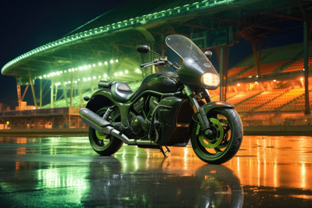 shiny motorcycle parked under bright stadium lights, created with generative aiの素材