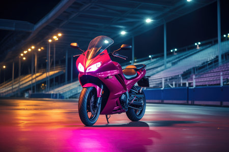 shiny motorcycle parked under bright stadium lights, created with generative aiの素材