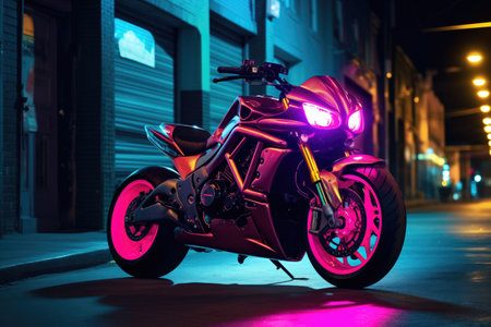 neon lit motorcycle parked at night, created with generative aiの素材