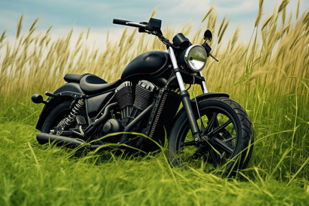 black motorcycle parked on grass field, created with generative aiの素材