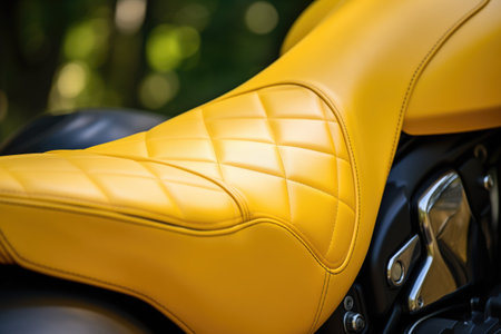 a yellow motorcycles leather saddle close-up, created with generative aiの素材