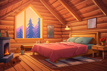 cozy bedroom in a log cabin, magazine style illustration, created with generative aiの素材