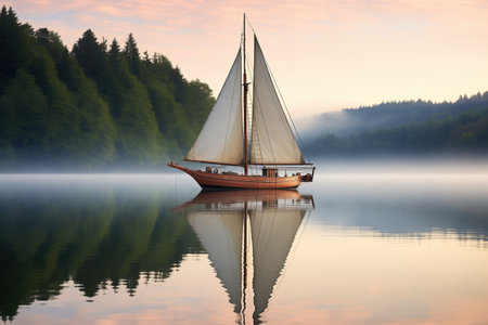 a sailboat with folded sails anchored in quiet waters, created with generative aiの素材