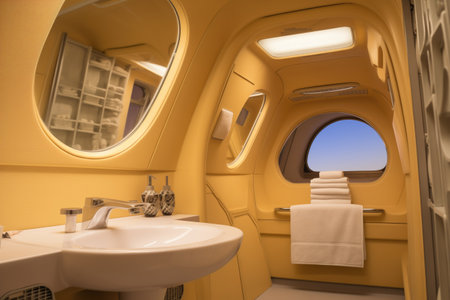 a bathroom on an aircraft with mirror and sink, created with generative aiの素材