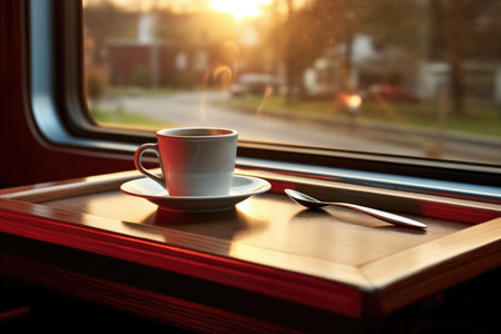 cup of coffee on fold down train table, created with generative aiの素材