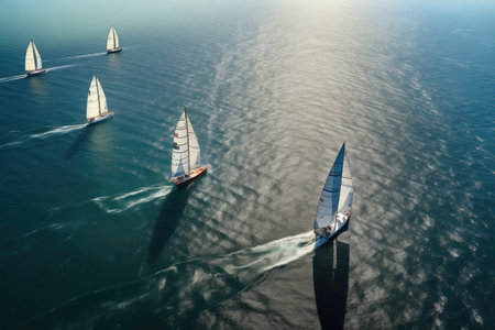 racing sailboats at sea from an aerial view, created with generative aiの素材