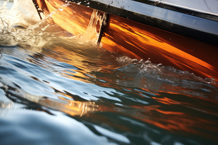 close up of racing boat hull through water, created with generative aiの素材