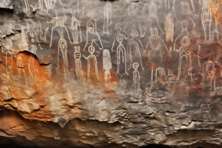 high contrast shot of cave wall petroglyphs, created with generative aiの素材