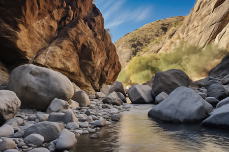 a riverbed with large, climbable boulders, created with generative aiの素材