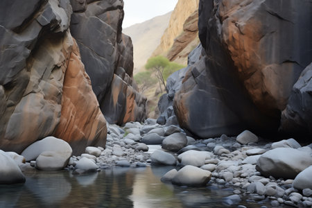 a riverbed with large, climbable boulders, created with generative aiの素材