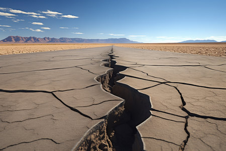 a zigzag crack running along a flat, barren ground, created with generative aiの素材