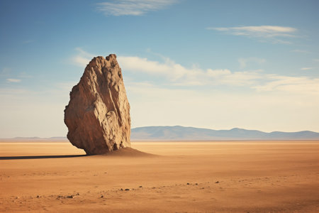 a lonely rock standing high on a flat plain, split by tremors, created with generative aiの素材