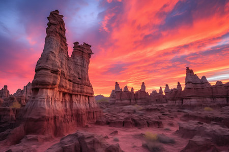 rock formations contrasted against a vibrant sunset sky, created with generative aiの素材