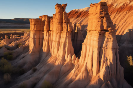 sunlit hoodoos casting long shadows in the evening, created with generative aiの素材