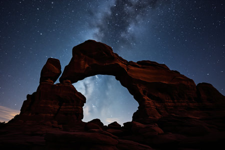 rock arch silhouetting against a star-studded night sky, created with generative aiの素材