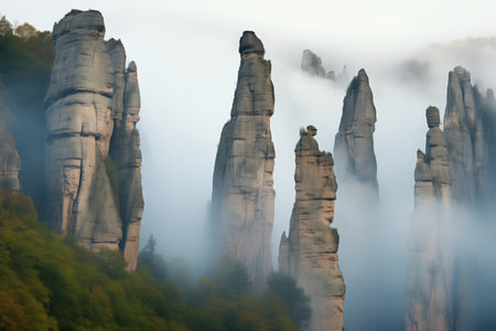 dense fog hovering around sharp rock towers, created with generative aiの素材