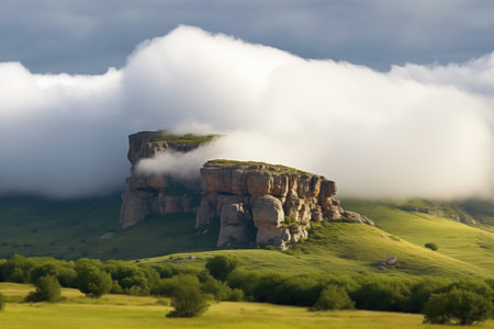 dense cloud cover over flat-topped rock formation, created with generative aiの素材
