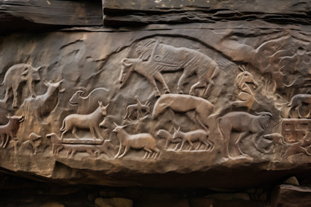 detailed rock carving of sacred animals, created with generative aiの素材