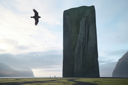 lonely gigantic monolith with bird circling above, created with generative aiの素材