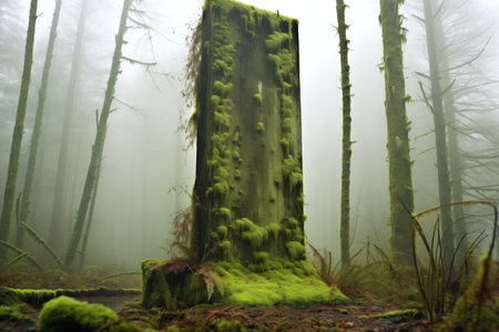 moss-covered monolith standing alone, created with generative aiの素材