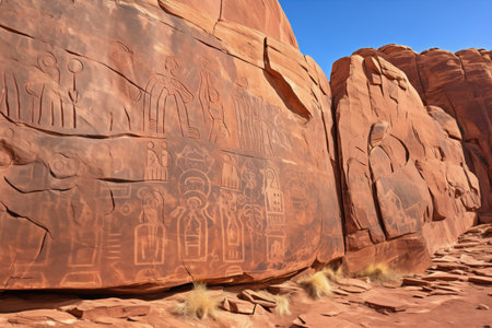 intricate petroglyphs on large sandstone formation, created with generative aiの素材