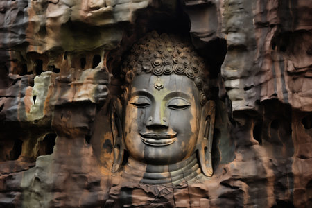 cavities in rock formation resembling buddha, created with generative aiの素材